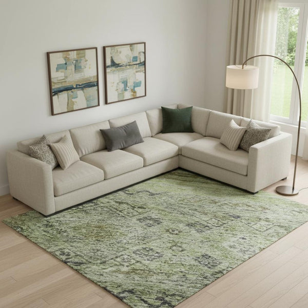 HomeRoots 10' X 14' Artichoke Green, Blue & Beige Abstract Geometric Washable Area Rug with UV Protection 688504