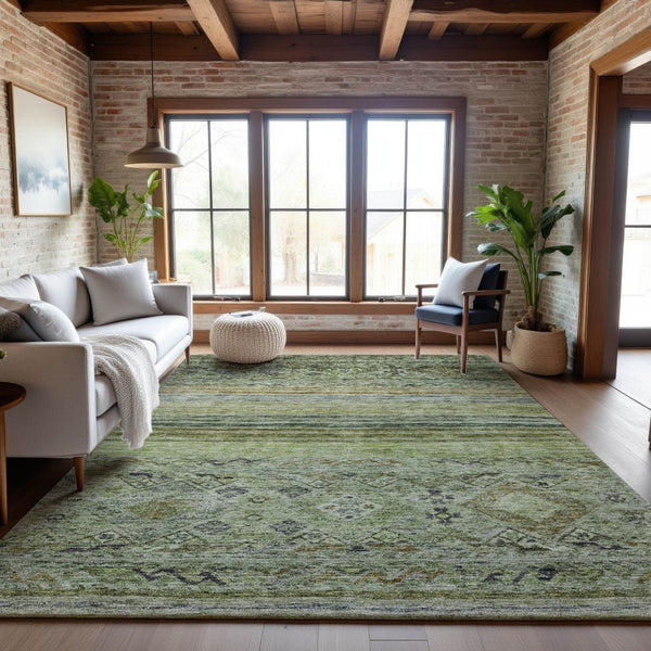 HomeRoots 10' X 14' Artichoke Green, Blue & Beige Abstract Geometric Washable Area Rug with UV Protection 688504