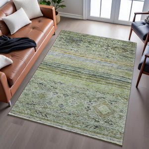 HomeRoots 10' X 14' Artichoke Green, Blue & Beige Abstract Geometric Washable Area Rug with UV Protection 688504