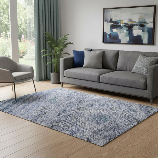 HomeRoots 5' X 8' Blue Charcoal Gray Geometric Washable Area Rug - Stain Resistant, UV Protected, Durable Design 688506
