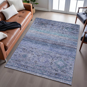 HomeRoots 5' X 8' Blue Charcoal Gray Geometric Washable Area Rug - Stain Resistant, UV Protected, Durable Design 688506