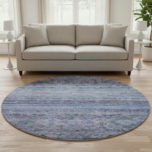 HomeRoots 8' Blue Charcoal Gray Abstract Geometric Washable Round Rug – UV Protected, Stain Resistant, Stylish! 688507