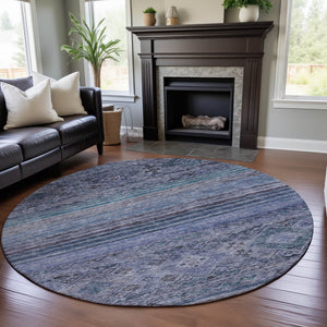 HomeRoots 8' Blue Charcoal Gray Abstract Geometric Washable Round Rug – UV Protected, Stain Resistant, Stylish! 688507