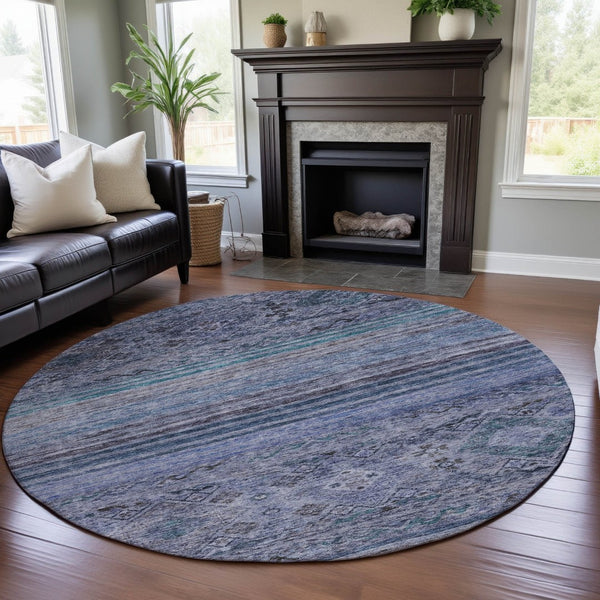 HomeRoots 8' Blue Charcoal Gray Abstract Geometric Washable Round Rug – UV Protected, Stain Resistant, Stylish! 688507