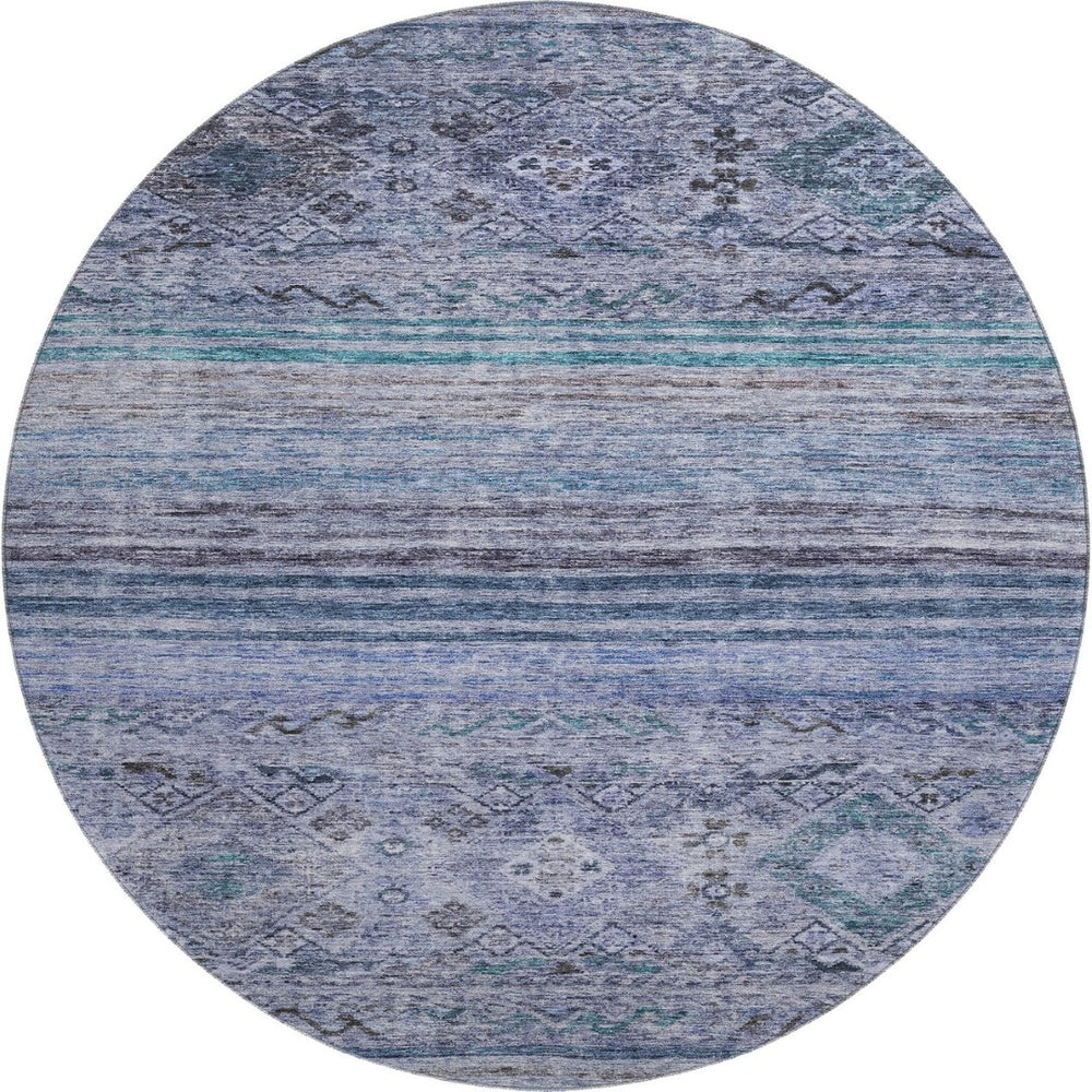 HomeRoots 8' Blue Charcoal Gray Abstract Geometric Washable Round Rug – UV Protected, Stain Resistant, Stylish! 688507