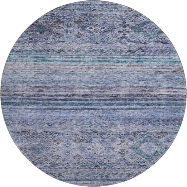 HomeRoots 8' Blue Charcoal Gray Abstract Geometric Washable Round Rug – UV Protected, Stain Resistant, Stylish! 688507