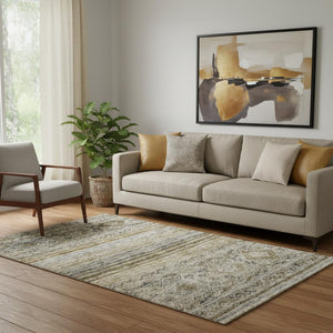 HomeRoots 5' X 8' Abstract Geometric Area Rug in Brown, Beige & Blue - Washable, UV-Protected & Durable Design 688512