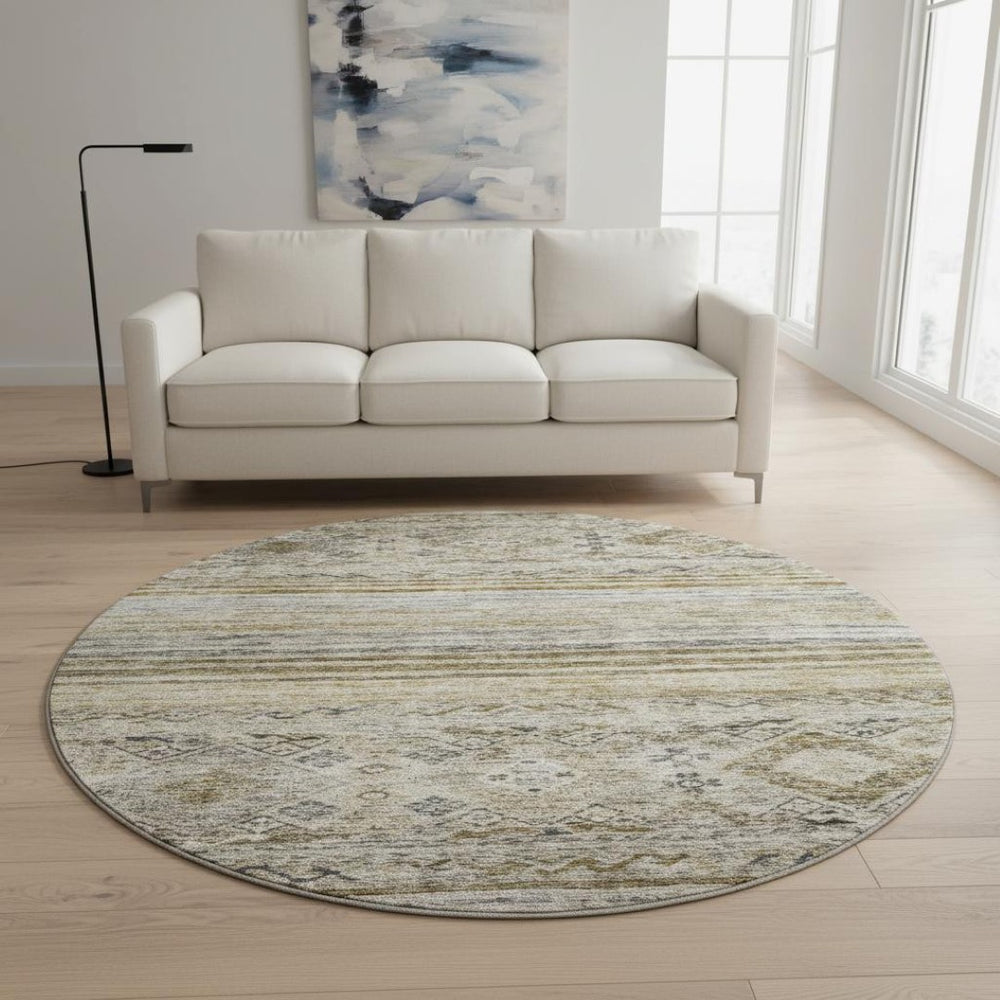 HomeRoots 8' Stylish Brown Beige & Blue Abstract Geometric Round Rug - Washable, UV Protected, Non-Slip Design 688513