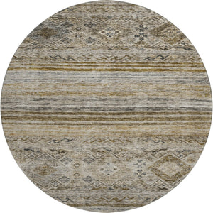 HomeRoots 8' Stylish Brown Beige & Blue Abstract Geometric Round Rug - Washable, UV Protected, Non-Slip Design 688513