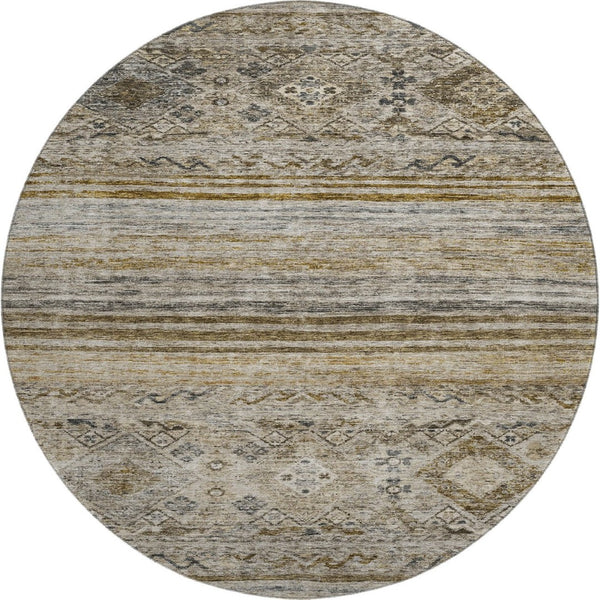 HomeRoots 8' Stylish Brown Beige & Blue Abstract Geometric Round Rug - Washable, UV Protected, Non-Slip Design 688513