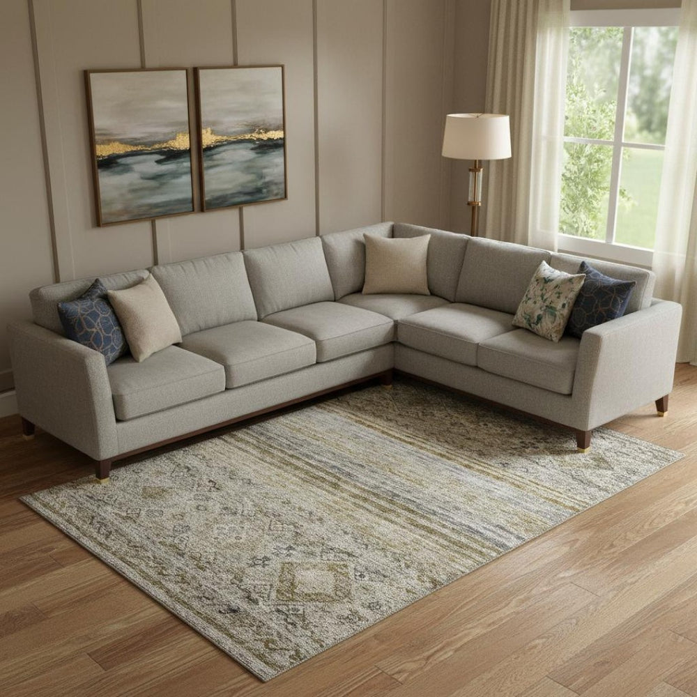 HomeRoots 9' X 12' Stylish Brown Beige Blue Abstract Geometric Area Rug - Washable, UV Protected, Durable Design 688515