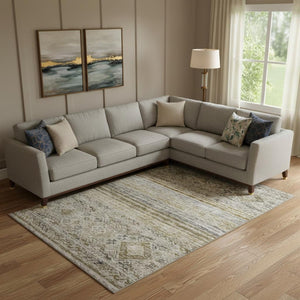 HomeRoots 9' X 12' Stylish Brown Beige Blue Abstract Geometric Area Rug - Washable, UV Protected, Durable Design 688515