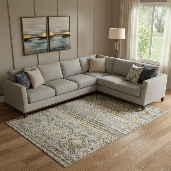 HomeRoots 9' X 12' Stylish Brown Beige Blue Abstract Geometric Area Rug - Washable, UV Protected, Durable Design 688515
