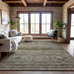 HomeRoots 9' X 12' Stylish Brown Beige Blue Abstract Geometric Area Rug - Washable, UV Protected, Durable Design 688515