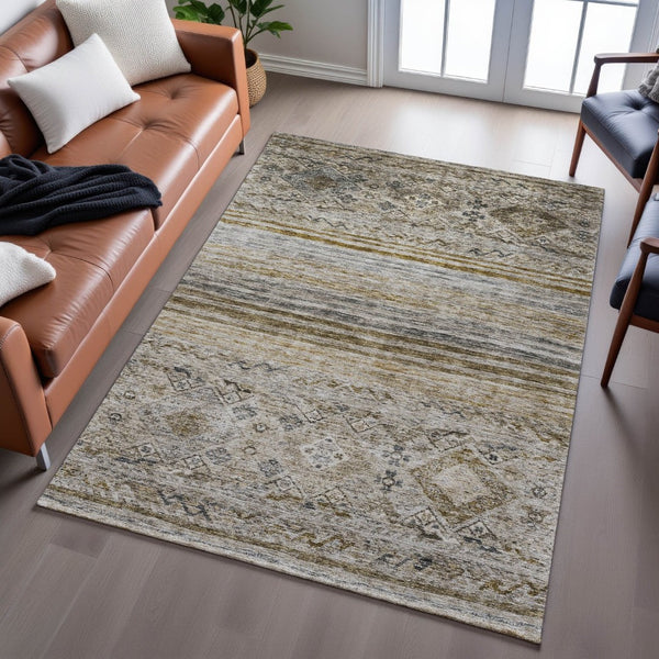 HomeRoots 9' X 12' Stylish Brown Beige Blue Abstract Geometric Area Rug - Washable, UV Protected, Durable Design 688515