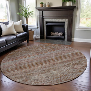 HomeRoots 8' Stylish Copper Gray & Beige Abstract Round Rug - Washable, UV Protected, Perfect for Any Space! 688519