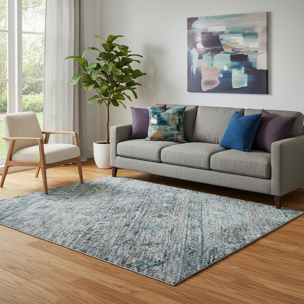 HomeRoots 5' X 8' Blue and Gray Tribal Area Rug - Washable, Stain-Resistant with UV Protection for Homes 688524