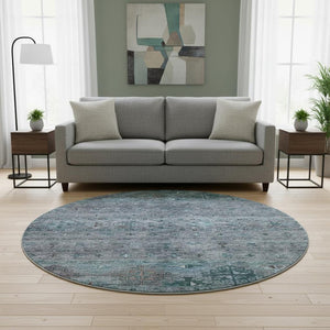 HomeRoots 8' Blue and Gray Tribal Round Rug – Stylish, Washable, UV Protected, Stain-Resistant for Family Spaces 688525