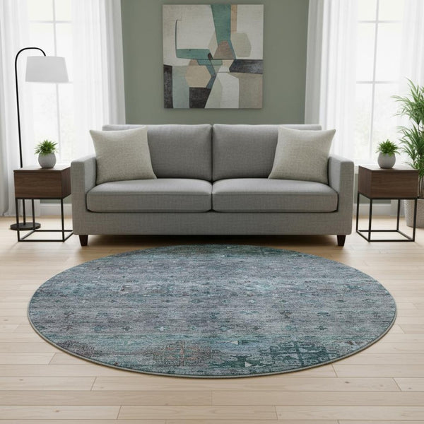 HomeRoots 8' Blue and Gray Tribal Round Rug – Stylish, Washable, UV Protected, Stain-Resistant for Family Spaces 688525