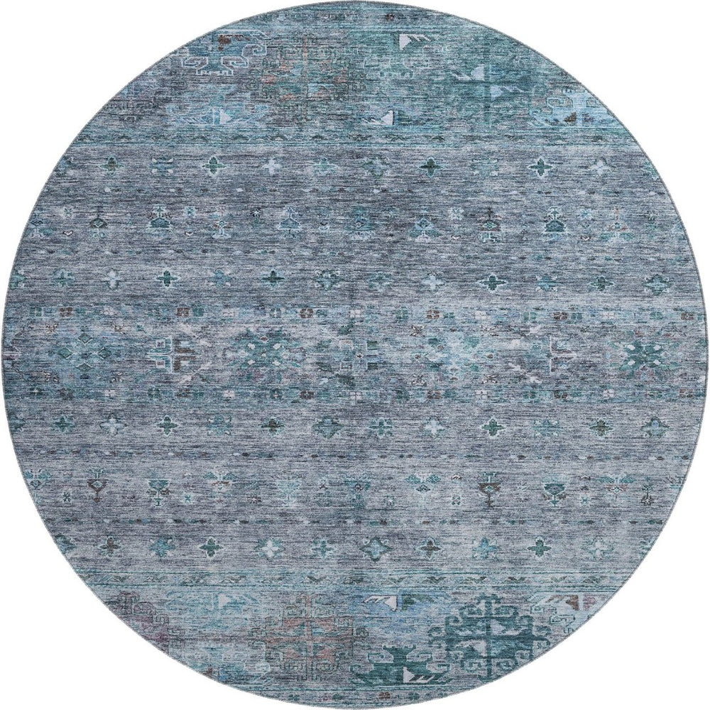 HomeRoots 8' Blue and Gray Tribal Round Rug – Stylish, Washable, UV Protected, Stain-Resistant for Family Spaces 688525