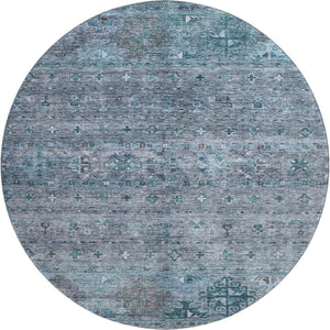 HomeRoots 8' Blue and Gray Tribal Round Rug – Stylish, Washable, UV Protected, Stain-Resistant for Family Spaces 688525