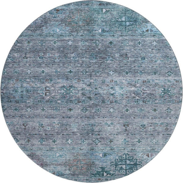 HomeRoots 8' Blue and Gray Tribal Round Rug – Stylish, Washable, UV Protected, Stain-Resistant for Family Spaces 688525