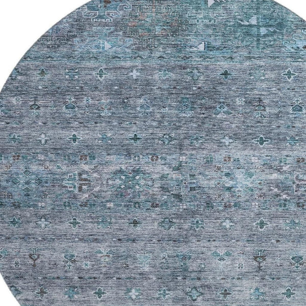 HomeRoots 8' Blue and Gray Tribal Round Rug – Stylish, Washable, UV Protected, Stain-Resistant for Family Spaces 688525