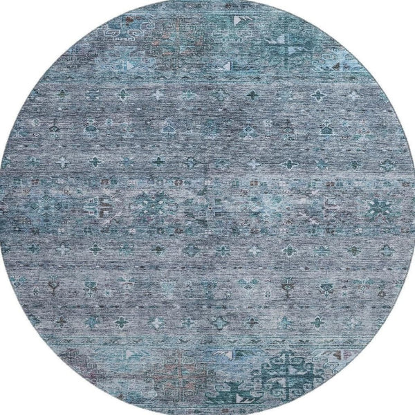 HomeRoots 8' Blue and Gray Tribal Round Rug – Stylish, Washable, UV Protected, Stain-Resistant for Family Spaces 688525