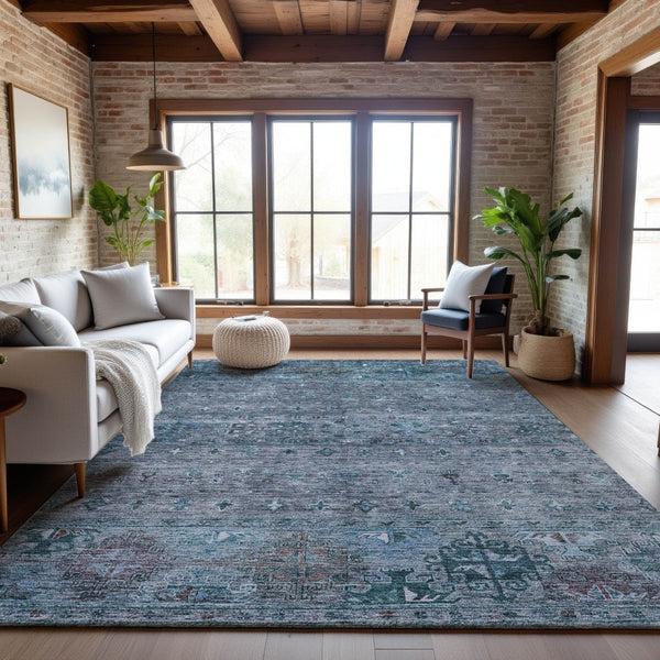 HomeRoots 10' X 14' Blue and Gray Tribal Area Rug - Washable, UV Protected, Soft & Durable for High-Traffic Spaces 688528