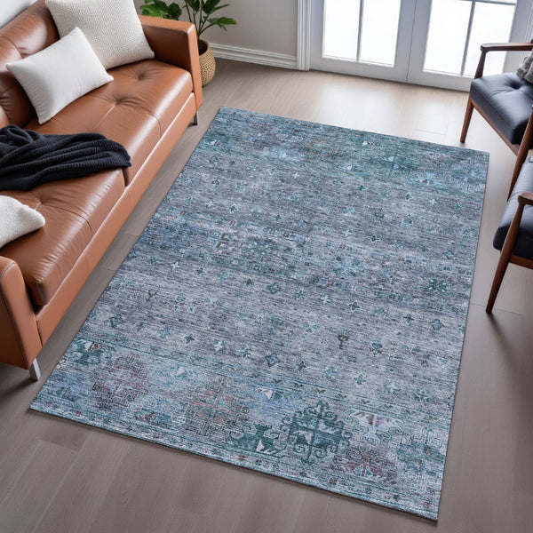HomeRoots 10' X 14' Blue and Gray Tribal Area Rug - Washable, UV Protected, Soft & Durable for High-Traffic Spaces 688528