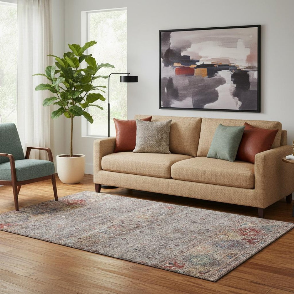 HomeRoots 5' X 8' Gray Copper and Blue Tribal Area Rug – Washable, UV-Protected, Stylish for Busy Homes 688530