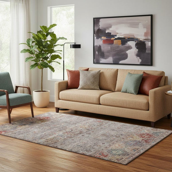 HomeRoots 5' X 8' Gray Copper and Blue Tribal Area Rug – Washable, UV-Protected, Stylish for Busy Homes 688530