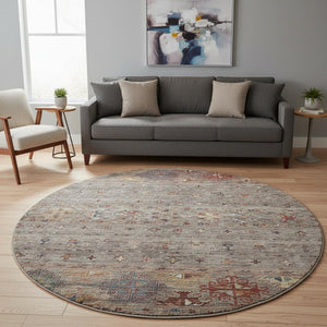 HomeRoots 8' Gray Copper and Blue Tribal Washable Round Rug - UV Protected, Durable, Stylish for High-Traffic Areas 688531