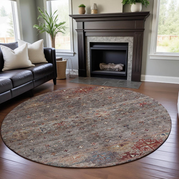 HomeRoots 8' Gray Copper and Blue Tribal Washable Round Rug - UV Protected, Durable, Stylish for High-Traffic Areas 688531