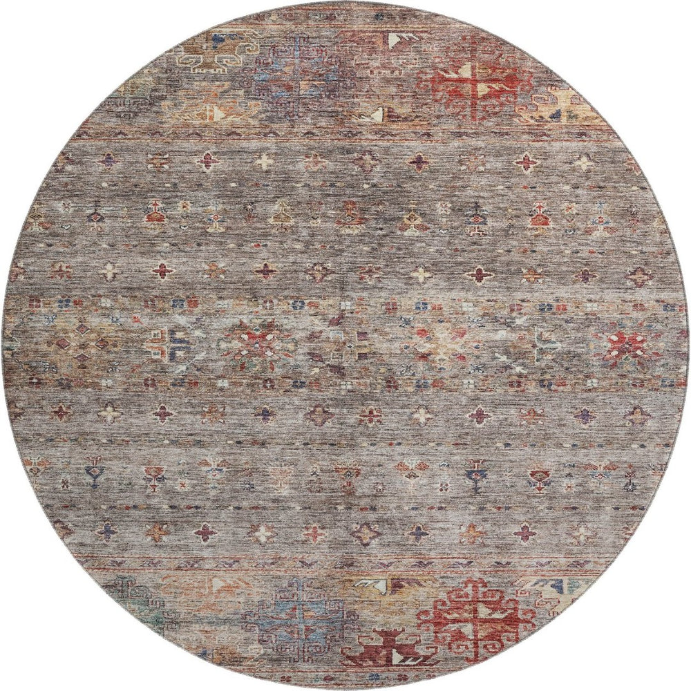 HomeRoots 8' Gray Copper and Blue Tribal Washable Round Rug - UV Protected, Durable, Stylish for High-Traffic Areas 688531