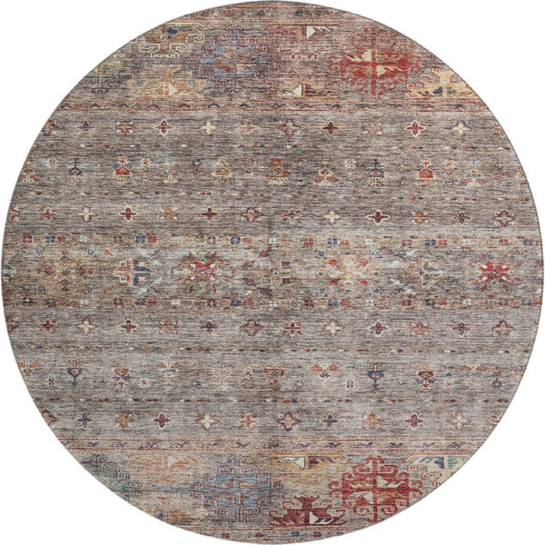 HomeRoots 8' Gray Copper and Blue Tribal Washable Round Rug - UV Protected, Durable, Stylish for High-Traffic Areas 688531