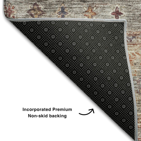 HomeRoots 8' Gray Copper and Blue Tribal Washable Round Rug - UV Protected, Durable, Stylish for High-Traffic Areas 688531