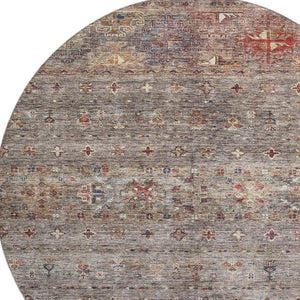 HomeRoots 8' Gray Copper and Blue Tribal Washable Round Rug - UV Protected, Durable, Stylish for High-Traffic Areas 688531