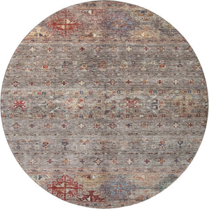 HomeRoots 8' Gray Copper and Blue Tribal Washable Round Rug - UV Protected, Durable, Stylish for High-Traffic Areas 688531
