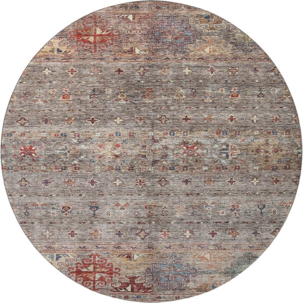 HomeRoots 8' Gray Copper and Blue Tribal Washable Round Rug - UV Protected, Durable, Stylish for High-Traffic Areas 688531