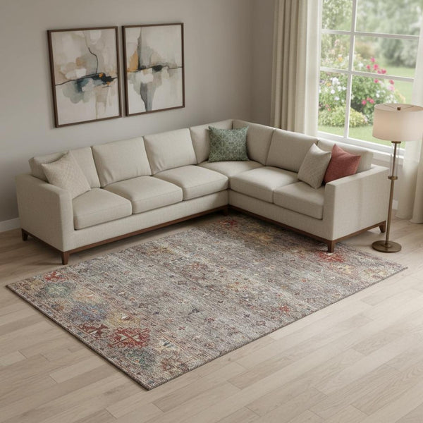 HomeRoots 9' X 12' Gray Copper and Blue Tribal Area Rug - Washable, Durable, UV-Protected for Family Spaces 688533