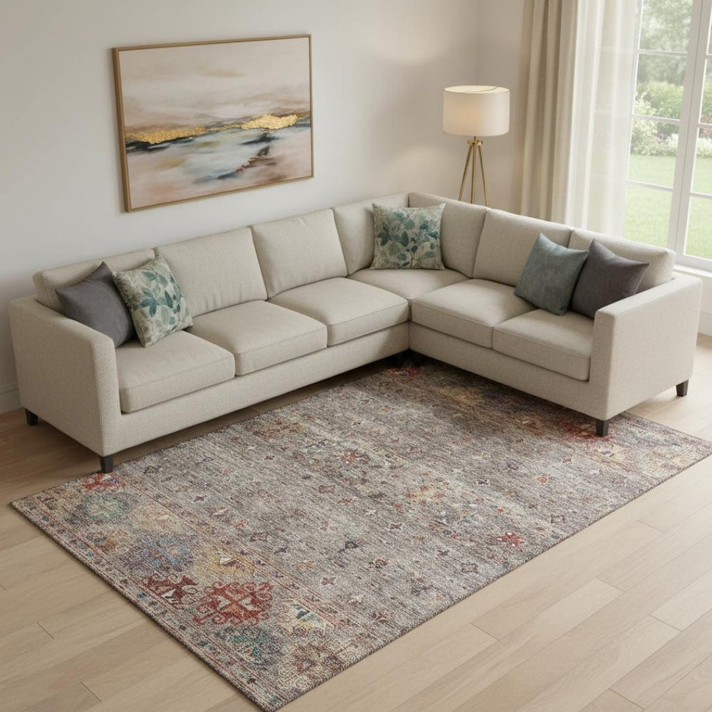 HomeRoots 10' X 14' Stylish Gray Copper and Blue Tribal Area Rug – Washable, UV Protected & Pet Friendly! 688534