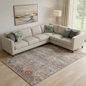 HomeRoots 10' X 14' Stylish Gray Copper and Blue Tribal Area Rug – Washable, UV Protected & Pet Friendly! 688534