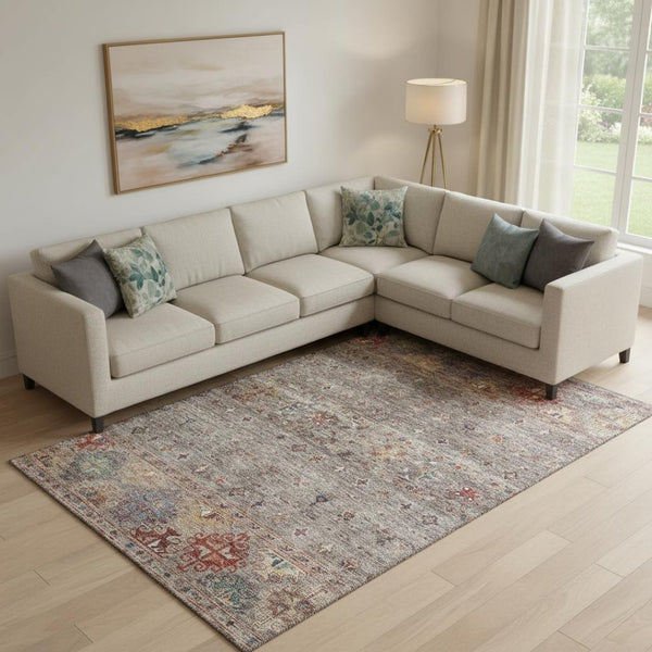 HomeRoots 10' X 14' Stylish Gray Copper and Blue Tribal Area Rug – Washable, UV Protected & Pet Friendly! 688534