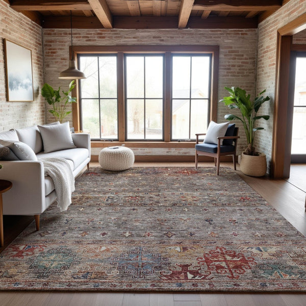 HomeRoots 10' X 14' Stylish Gray Copper and Blue Tribal Area Rug – Washable, UV Protected & Pet Friendly! 688534