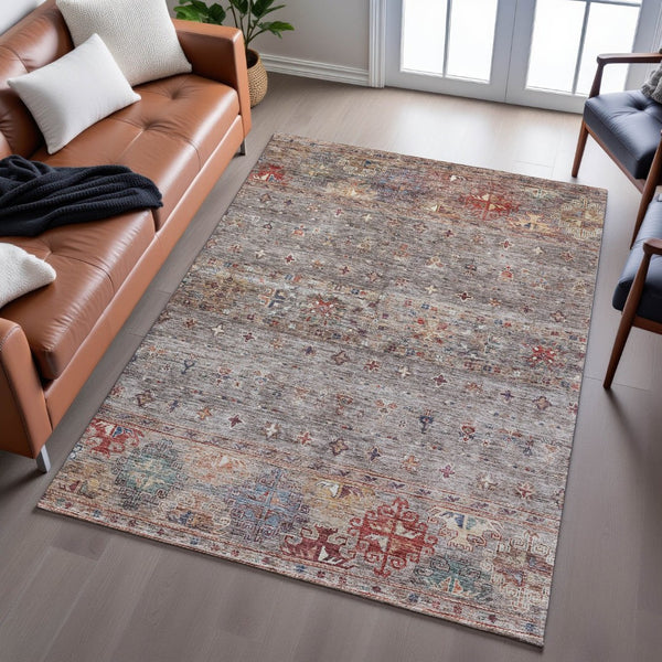 HomeRoots 10' X 14' Stylish Gray Copper and Blue Tribal Area Rug – Washable, UV Protected & Pet Friendly! 688534