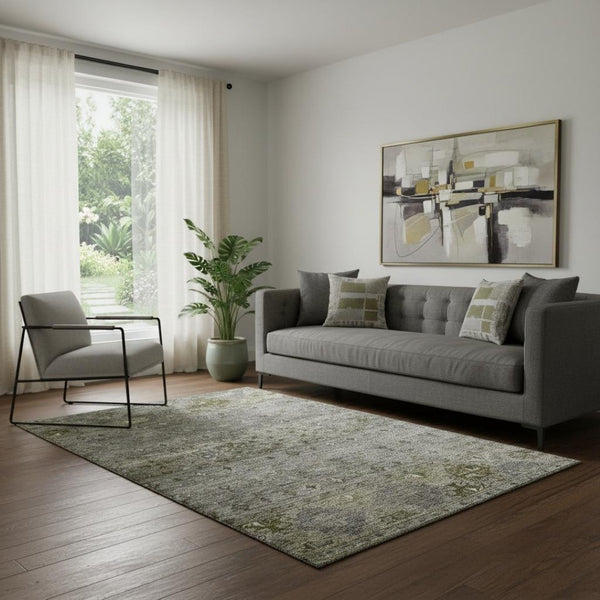 HomeRoots 5' X 8' Stylish Pewter Olive Green Beige Tribal Area Rug – Washable, UV-Protected, Durable Design! 688536