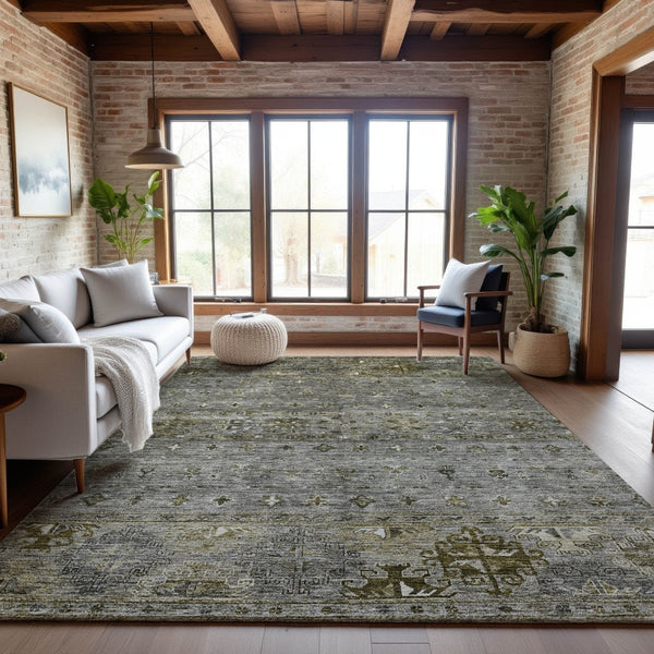 HomeRoots 5' X 8' Stylish Pewter Olive Green Beige Tribal Area Rug – Washable, UV-Protected, Durable Design! 688536