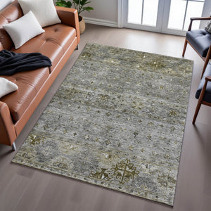 HomeRoots 5' X 8' Stylish Pewter Olive Green Beige Tribal Area Rug – Washable, UV-Protected, Durable Design! 688536