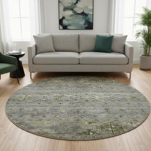 HomeRoots 8' Durable Pewter Olive Green Beige Tribal Washable Round Rug with UV Protection for High Traffic Areas 688537